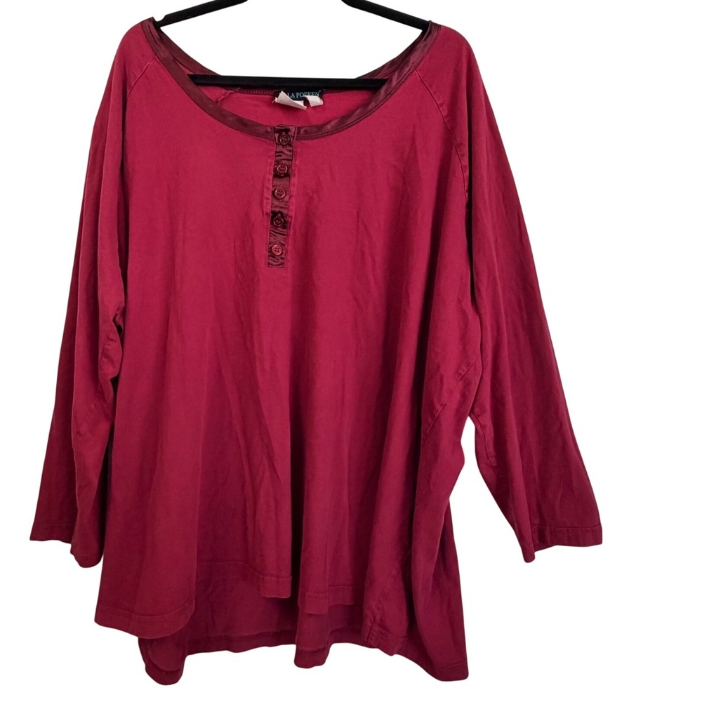 Ulla Popken Womens Burgundy Cotton Henley Long Sleeve Relaxed Fit Top Minimalist
